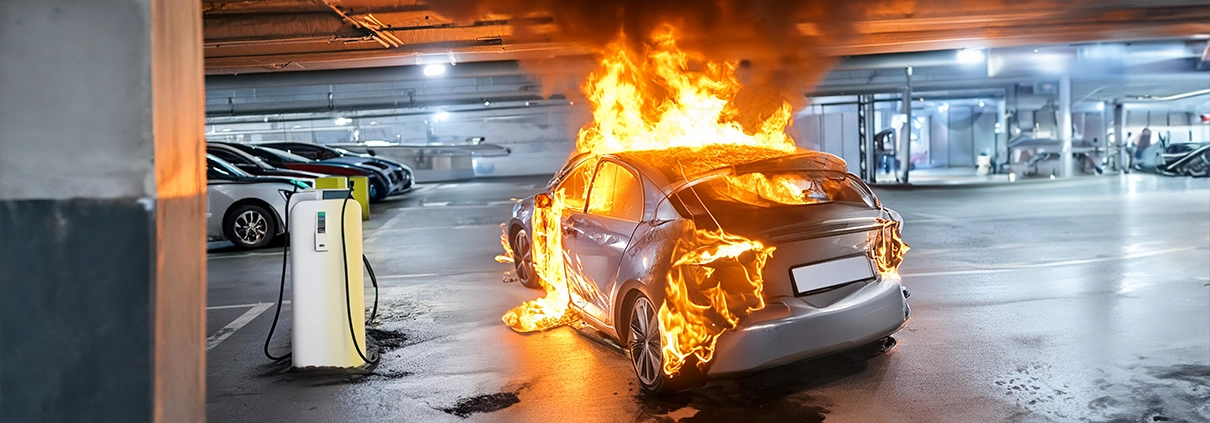 Automobile ad alimentazione elettrica in fiamme all'interno di un'autorimessa.