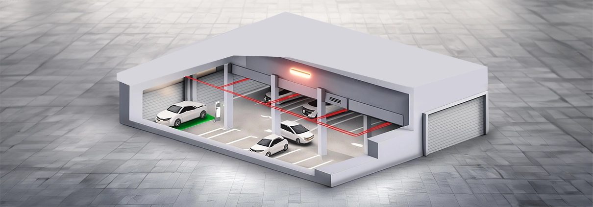 Modello 3D di un impianto antincendio di un'autorimessa con veicoli elettrici.